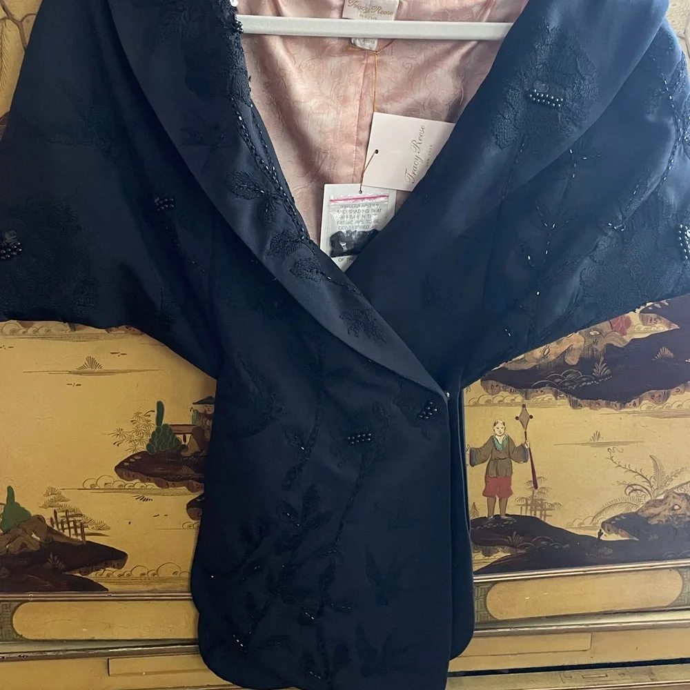 TRACY REESE Black Beaded Embroidered Silk Capelet Wrap Stole Hollywood Glamour M - Picture 5 of 11